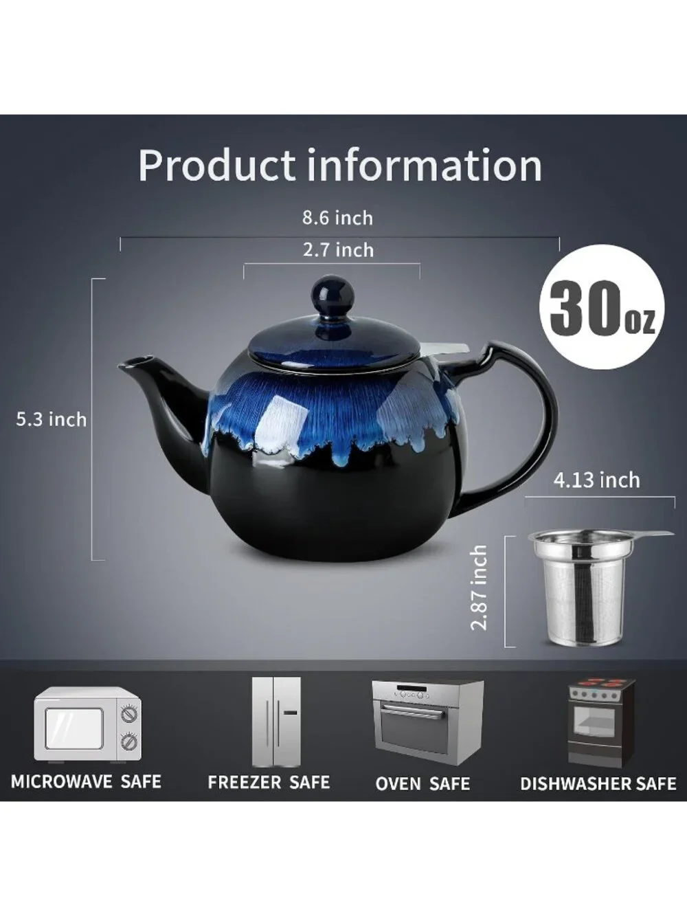 Nebula Blue Ceramic Kitchen Teapot with Infuser 34OZ 6 Cups Loose Tea Strainers
